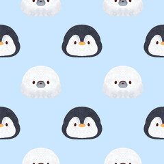 Cute cartoon penguin and seals seamless pattern for fabric and print design. Adorable winter animal repeat texture for kids apparel and stationery. © nanaserikaya