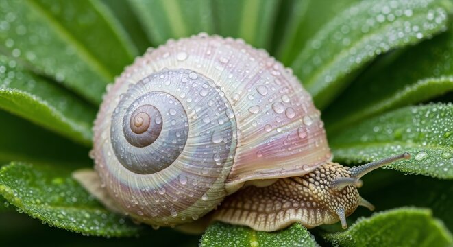 Pearlescent Snail Shell with Dew Drops on Green Leaves