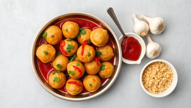Delicious indian potato dumpling balls or aloo bonda served with spicy red chutney and garlic on a plate