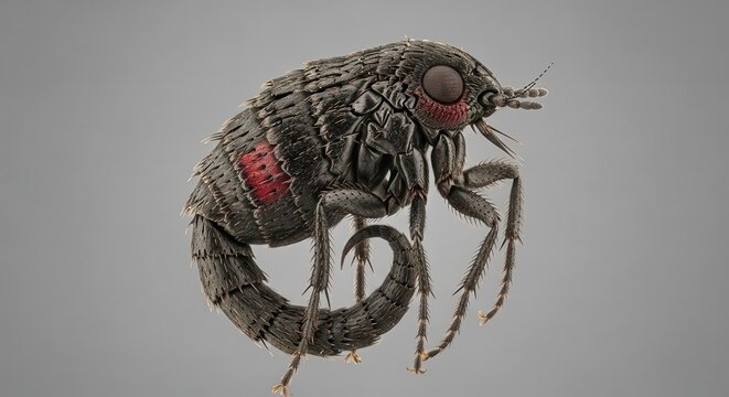 Detailed macro view of a flea with powerful hind legs