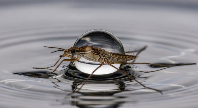 Water strider insect balanced on a clear water droplet macro