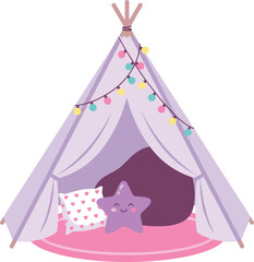 Cute kids teepee tent decorated with colorful string lights pillows and star cushion vector illustration isolated on white background © Moner