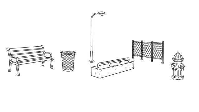 Collection of urban street furniture elements including a bench, trash can, planter, lamppost, fence, and fire hydrant.