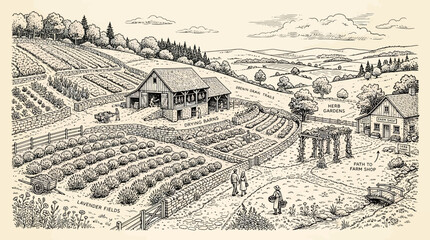 Fototapeta premium Hand-Drawn Vintage Rural Landscape Illustration Featuring A Charming Farmhouse With Extensive Gardens And Fields