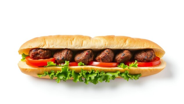 Fresh meatball sub sandwich with tomato and lettuce on a long bread roll