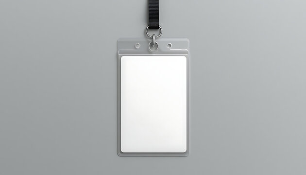 Blank vertical id card holder with black lanyard isolated on grey background, plastic badge mockup for corporate identity or event pass