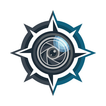 This image features a stylized compass design combined with a camera lens, representing navigation and photography elements in modern creative visual concepts.
