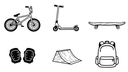 Obraz premium Collection of extreme sports equipment and accessories, including a BMX bike, scooter, skateboard, ramp, protective gear, and backpack, presented in a clean line art style.