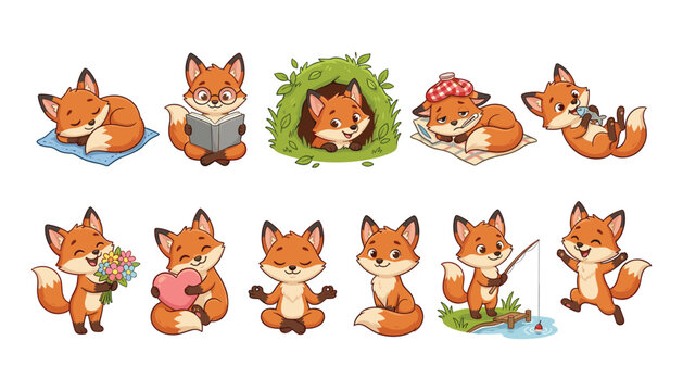 Cute little fox character stickers set with funny cartoon emotions sleeping reading book fishing meditating jumping and holding flowers vector illustration