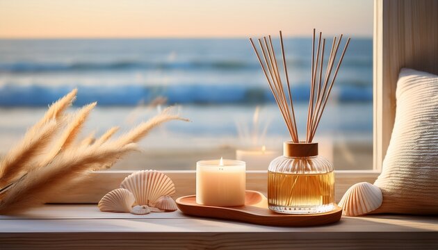 Aromatherapy Reed Diffuser With Candle Seashells Driftwood Pampas And Ocean Window Scene Creating Calm Coastal Spa Mood With Natural Sunlight Soft Textures Decor