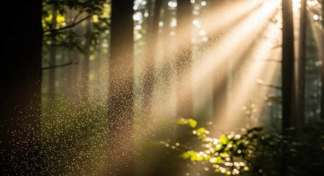 Swarm of Gnats Dancing in Sunbeams in a Forest