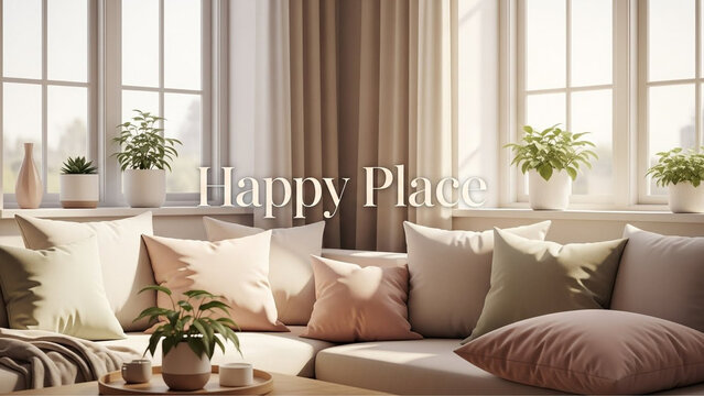 Happy Place text caption layout overlaying a cozy bright living room interior design with large windows, neutral beige sofa with soft cushions pillows, potted green indoor plants and warm sunlight.