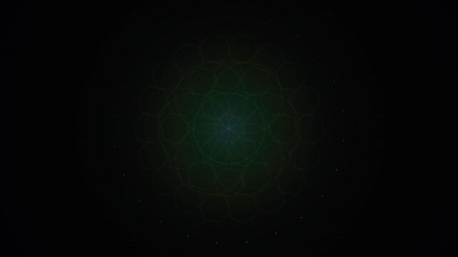 Glowing green lines and circles form an intricate geometric mandala pattern on a black background that is designed to loop seamlessly for visual continuity.