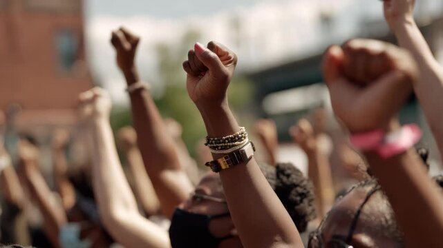 A diverse group of people raising their fists in solidarity at a protest rally.