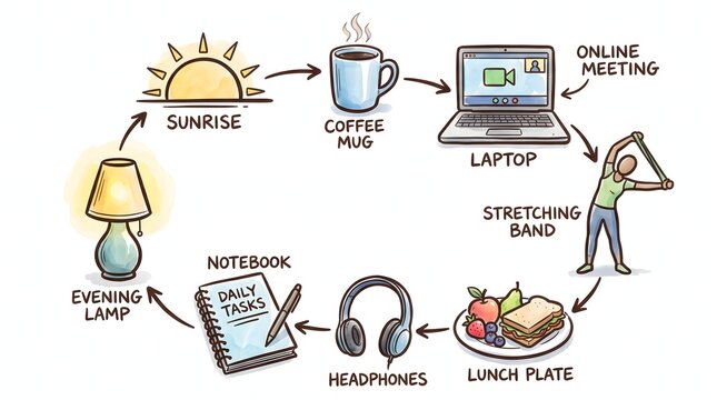 A Productive Daily Work Routine Illustration Showing Balanced Life Cycle