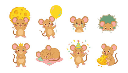 Fototapeta premium Cute mouse character vector set with funny cartoon mice holding cheese balloon sleeping and celebrating with party hat