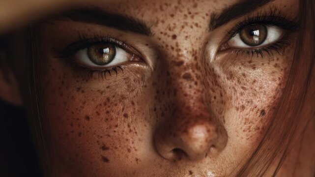 Woman's face close-up with freckles on her skin and nose, highlighting natural beauty.