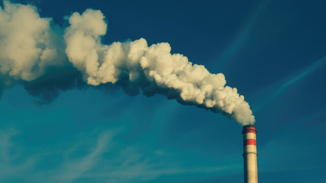 Industrial chimney stack emitting thick white smoke against deep blue sky with tall industrial smokestack power