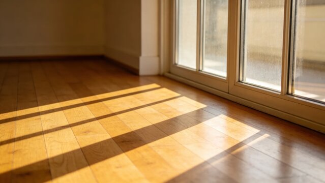 Morning sun beams illuminating wooden floor through glass pa