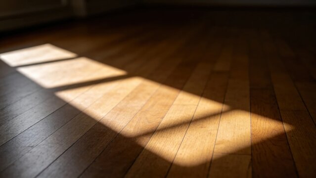 Window light creating rectangular patches on polished wood f