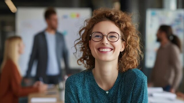A cheerful woman with curly hair, wearing glasses and a polka-dotted shirt, sitting in an office setting with colleagues behind her.