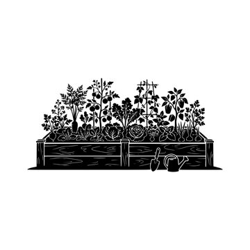 Wooden raised garden bed vegetable plants silhouette illustration