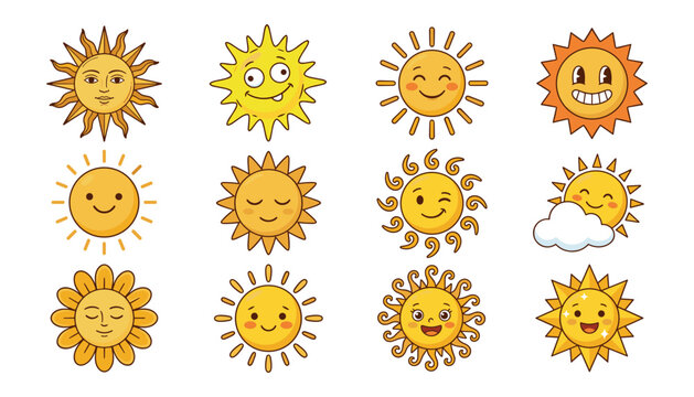 Cute sun character collection vector illustration set featuring various smiling yellow suns with different funny faces expressions and clouds