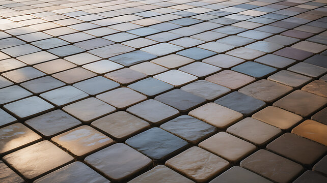 A close-up view shows a textured path made of square gray and beige paving stones.