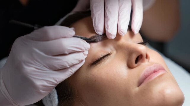 A skilled technician meticulously applies eyelash extensions to enhance the client's natural lashes for a glamorous look.