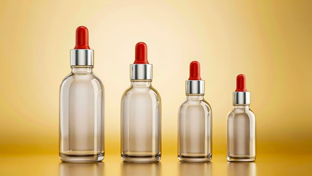 Clear glass dropper bottles mockup with red pipettes on golden background for cosmetic packaging