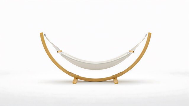 Modern white fabric hammock with golden metal stand isolated on white background