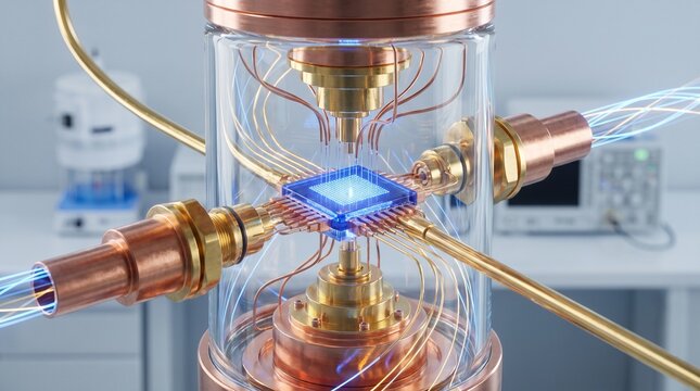 Quantum computer processor in a vacuum chamber. Advanced cryogenic hardware for data research.
