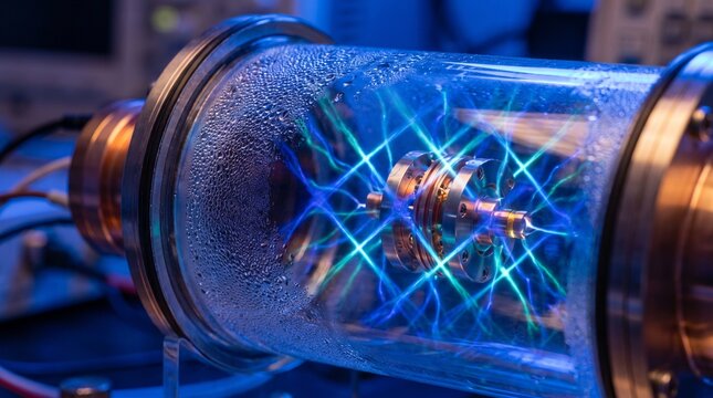 Plasma energy in a glass tube. Glowing electric discharge inside a scientific laboratory device.