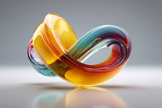 Futuristic 3D abstract infinity symbol twist shape element made of smooth glossy crystal glass with colorful orange cyan red liquid swirl inside, modern tech design loop isolated on grey studio.