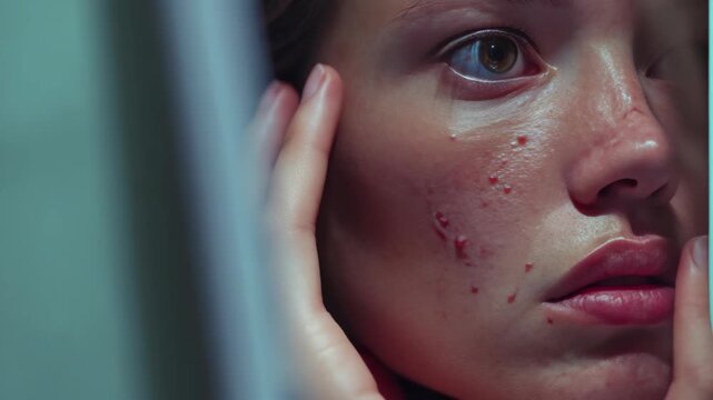 Close-up of a woman with visible marks and bruises on her face, looking at the camera with an expression of concern or fear.