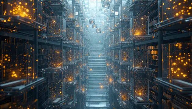 Futuristic 3D abstract cyber architecture with glowing neon blue geometric tech structures and dark sci-fi corridor premium digital artwork
