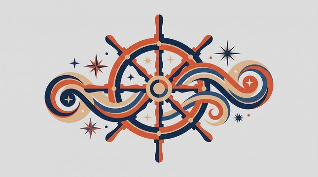 Vintage nautical ship steering wheel illustration with stylized ocean waves and stars.