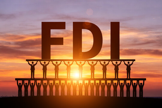 Numerous small figures silhouetted in the morning sun, holding up FDI