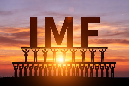 Numerous small figures silhouetted in the morning sun, holding up IMF