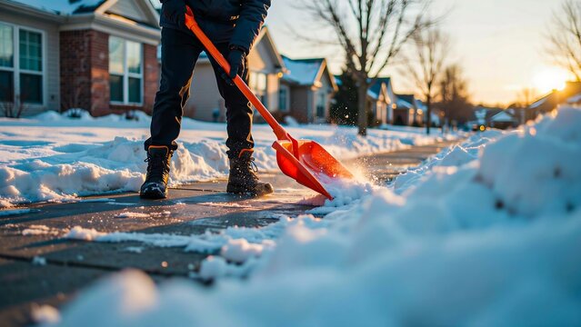 Person shoveling snow from residential sidewalk during winter morning after snowfall