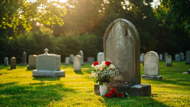Sunlit cemetery with gravestones and fresh flowers creating peaceful memorial landscape