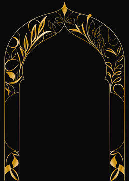 frame with golden ornament,Ottoman style, Moroccan, Oriental, Tessi hip arch, gold frame, luxury invitation, Iznik, frame, saz leaf, mosque, minaret, door, with copy space.