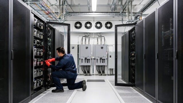 Data center server maintenance system backup power engineer kneeling in front of network rack