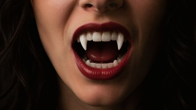 Woman with vampire fangs showing teeth in a dark setting