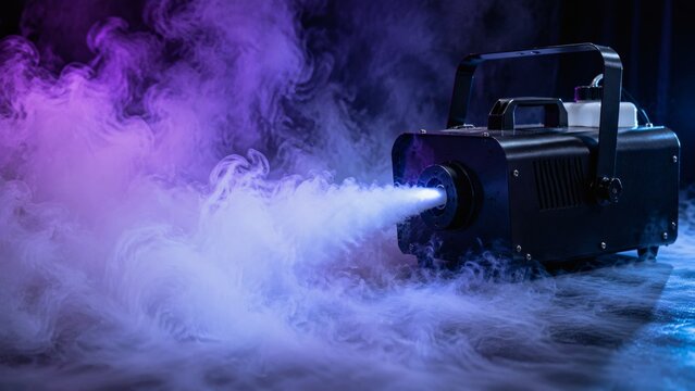Fog machine emitting colorful mist in dark environment  