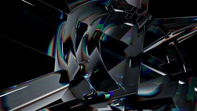 Abstract dark metallic geometric shape with sharp edges and rainbow light reflections isolated on a black background