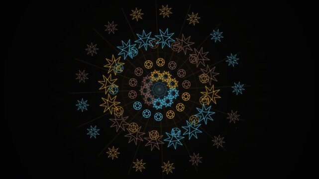 A complex geometric mandala pattern with glowing blue and yellow stars loops seamlessly on a black background.