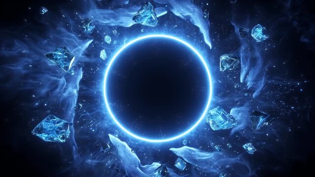 氷のクリスタルと蒼い炎が円環の周囲を舞う神秘的なVFXアニメーション