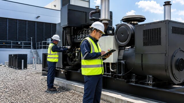 Industrial inspection of data center back up system with technician checking power unit outdoors