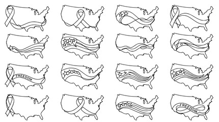 Obraz premium USA Outline Map with Patriotic Symbols and Ribbons - Hand Drawn Style